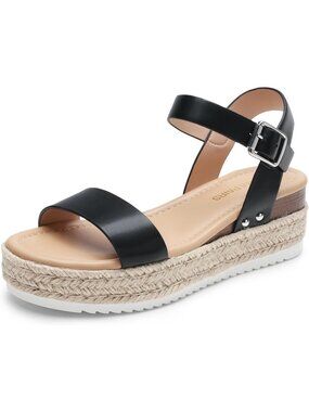 Women's Espadrille Platform Wedge Sandals Black Ankle Strap Dressy Sandals